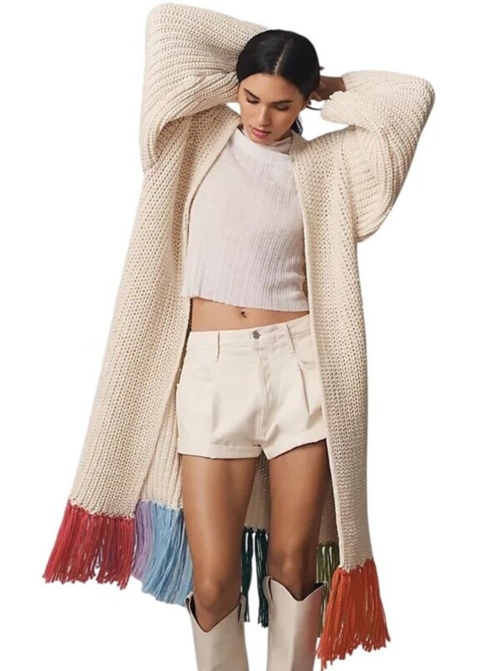 By Anthropologie Long Fringe Cardigan Sweater~Size ONE SIZE~Ivory Fringe L13 11